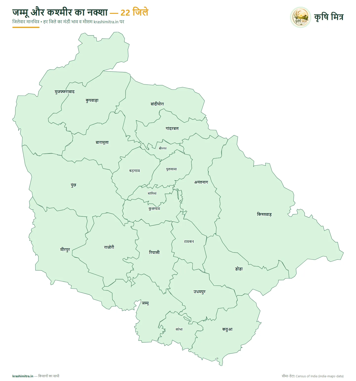 जम्मू और कश्मीर का नक्शा — जम्मू और कश्मीर के 22 जिलों का हिंदी जिलेवार मानचित्र (मुजफ्फराबाद से कठुआ तक)