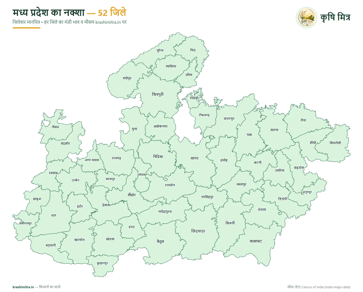 मध्य प्रदेश का नक्शा — मध्य प्रदेश के 52 जिलों का हिंदी जिलेवार मानचित्र (भिंड से बुरहानपुर तक)