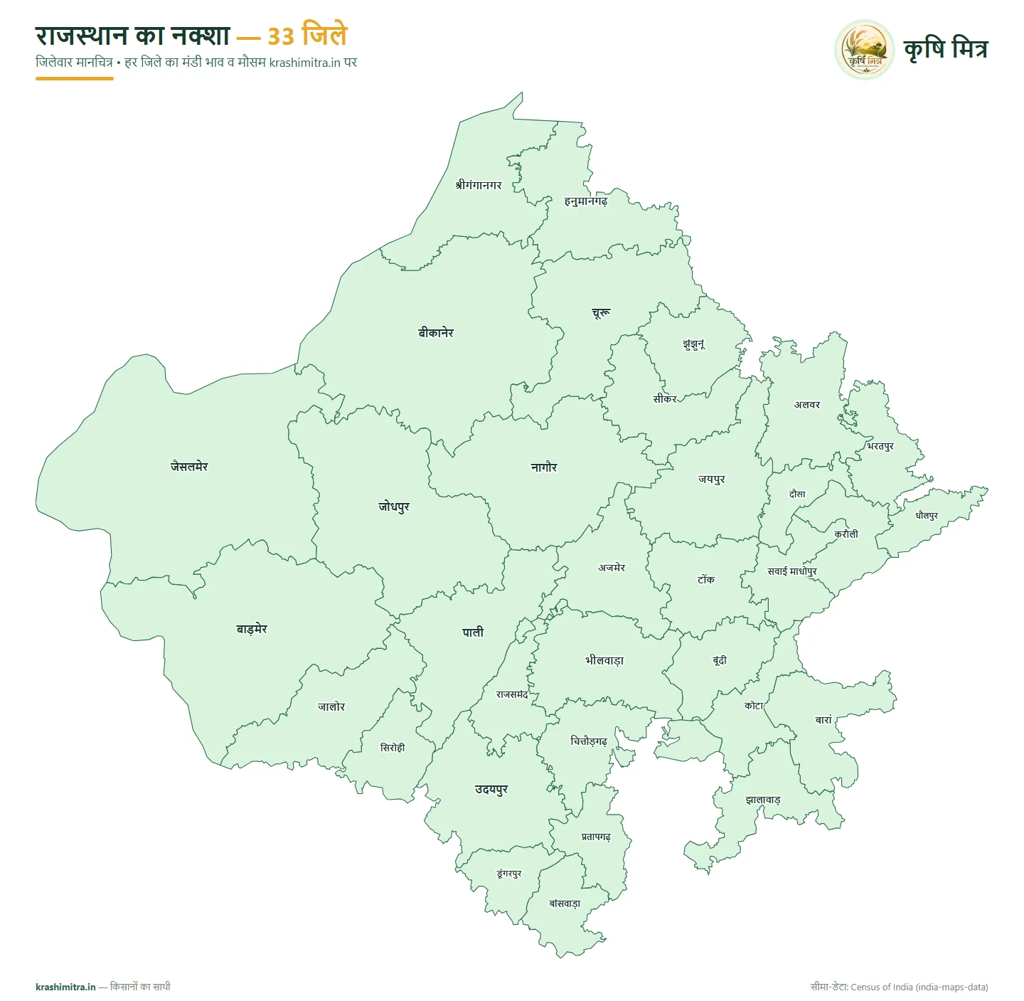 राजस्थान का नक्शा — राजस्थान के 33 जिलों का हिंदी जिलेवार मानचित्र (श्रीगंगानगर से बांसवाड़ा तक)