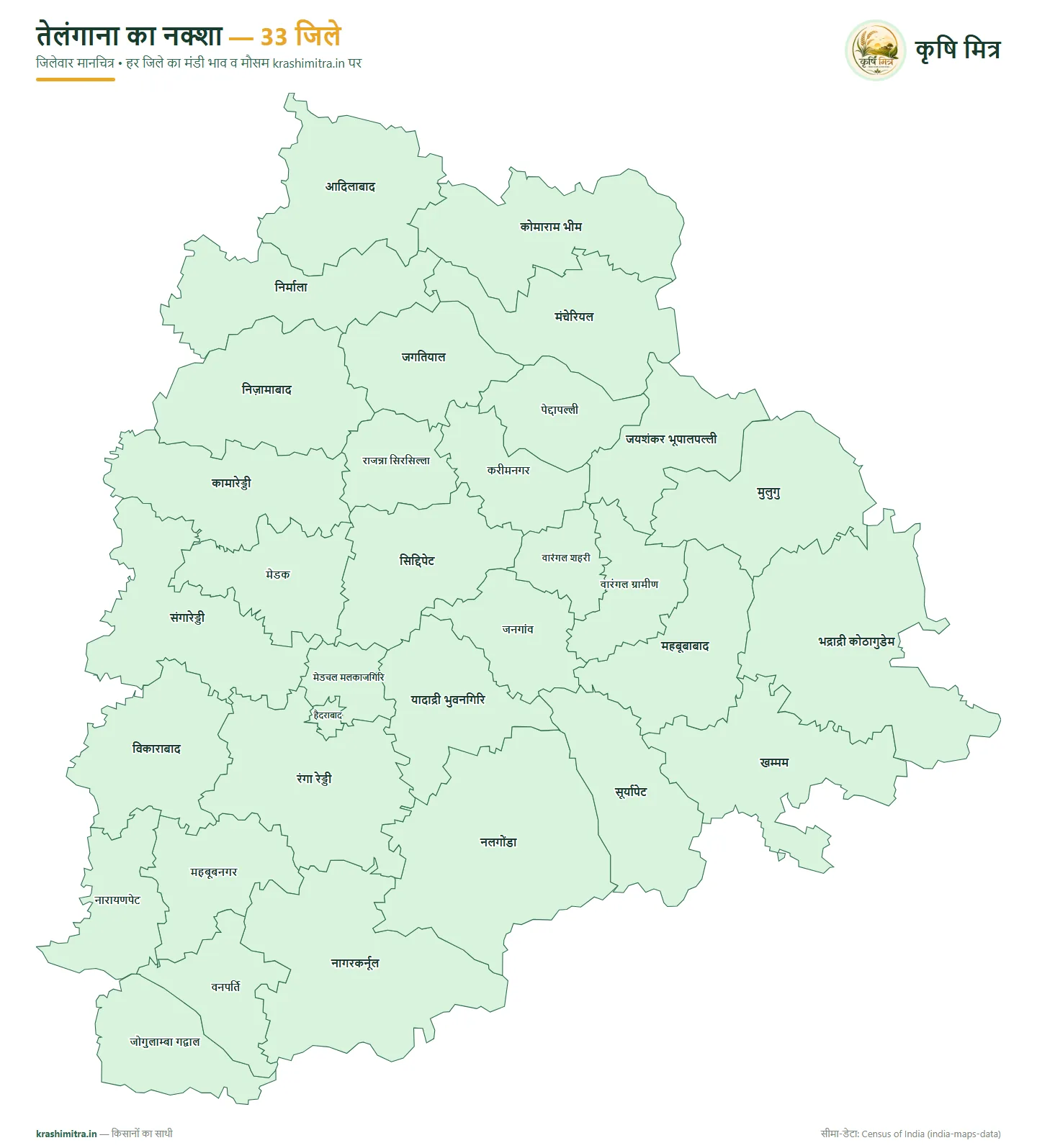 तेलंगाना का नक्शा — तेलंगाना के 33 जिलों का हिंदी जिलेवार मानचित्र (आदिलाबाद से जोगुलाम्बा गद्वाल तक)